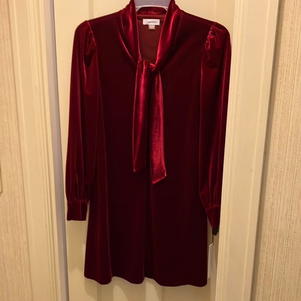 Beautiful velveteen red A line V neck with tie. Never worn. Size 8 with tags.